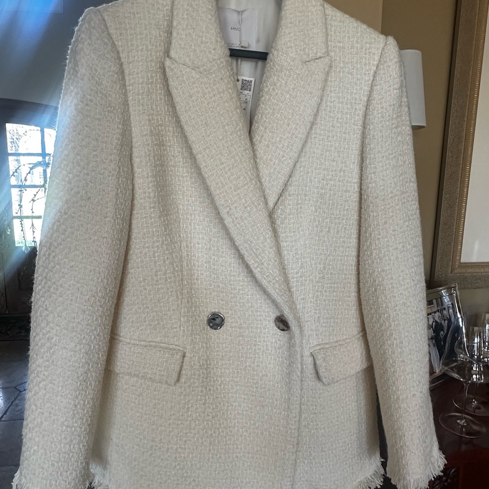 Mango Ivory Tweed Double-Breasted Blazer